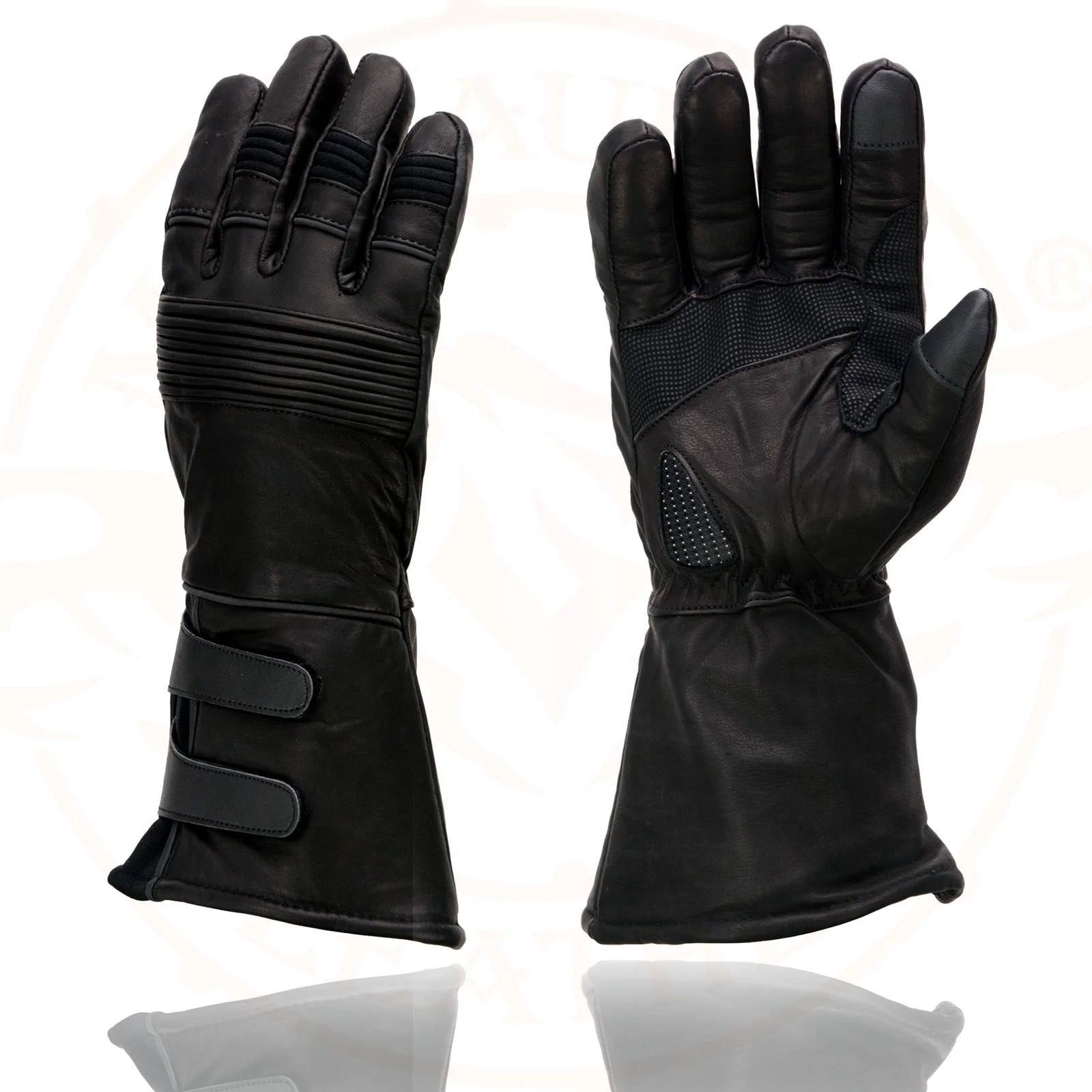 Black Cowhide Leather Gauntlet Motorcycle Gloves E45408