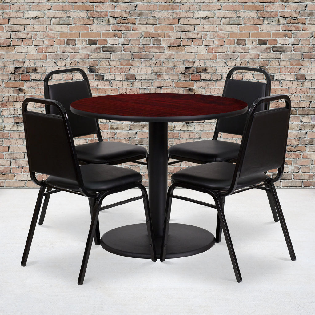 36'' Round Mahogany Laminate Table Set with 4 Black Banquet Chairs T4881