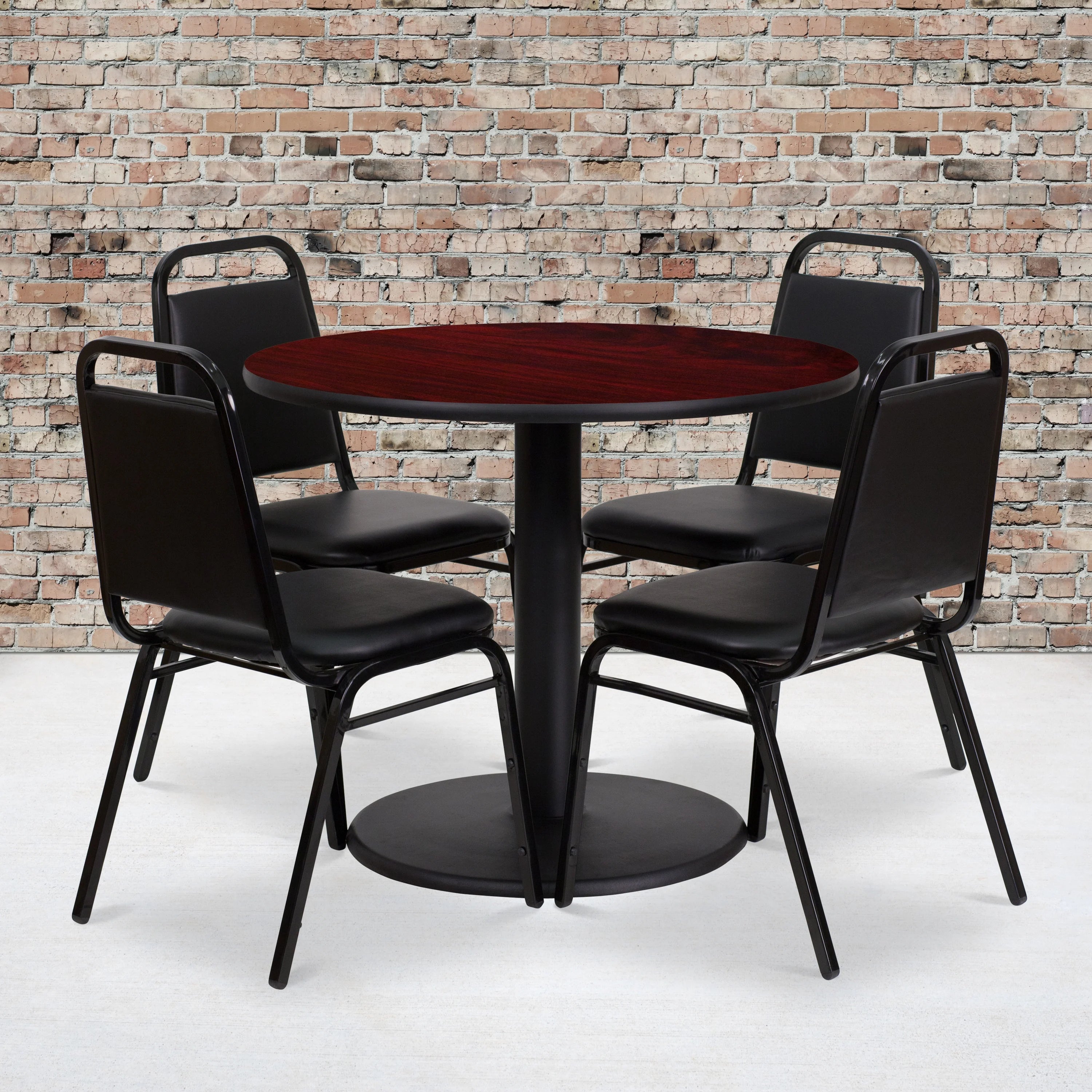36'' Round Mahogany Laminate Table Set with 4 Black Banquet Chairs T4881