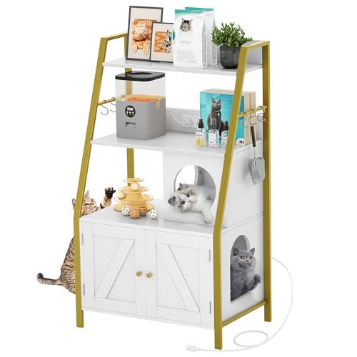 Gold White Wooden Cat Litter Box Enclosure with Shelves O472