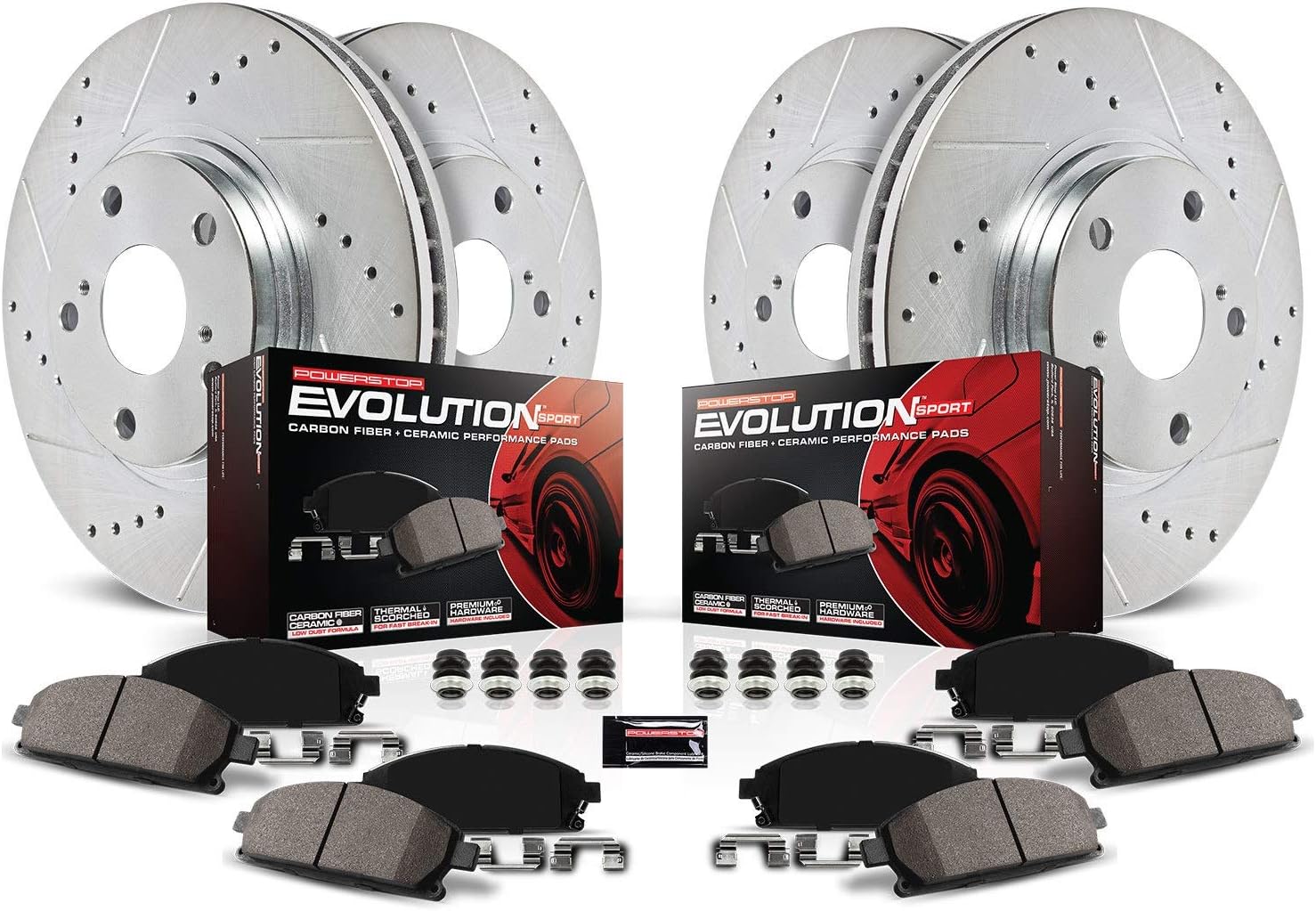 Front and Rear Carbon Fiber Brake Pads with Drilled & Slotted Brake Rotors Kit Z29899