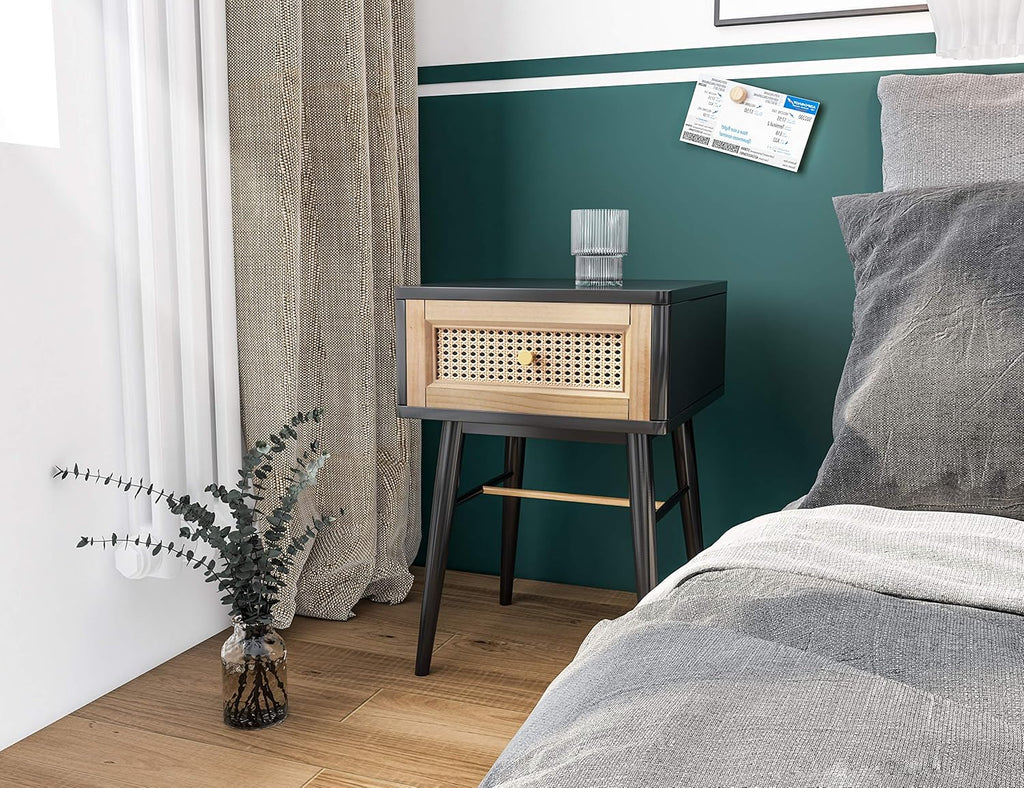 Black 2-Drawer Woven Cane Front Accent Nightstand with Brass Knobs O30508