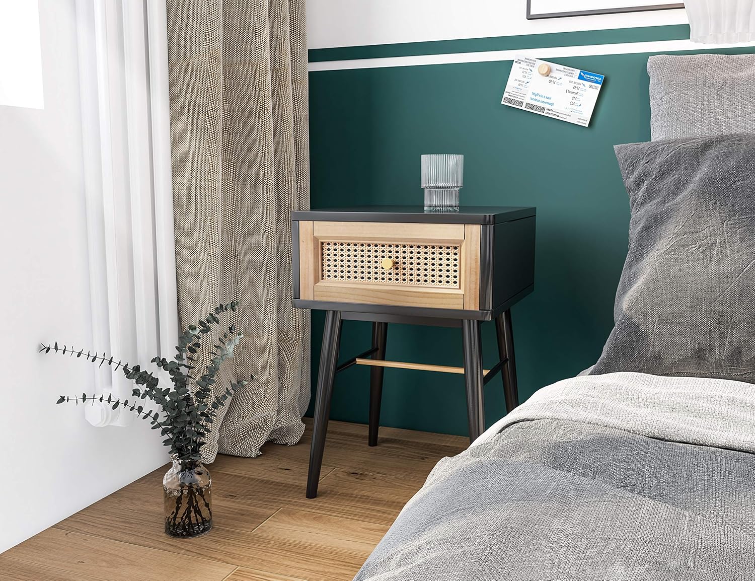 Black 2-Drawer Woven Cane Front Accent Nightstand with Brass Knobs O30508