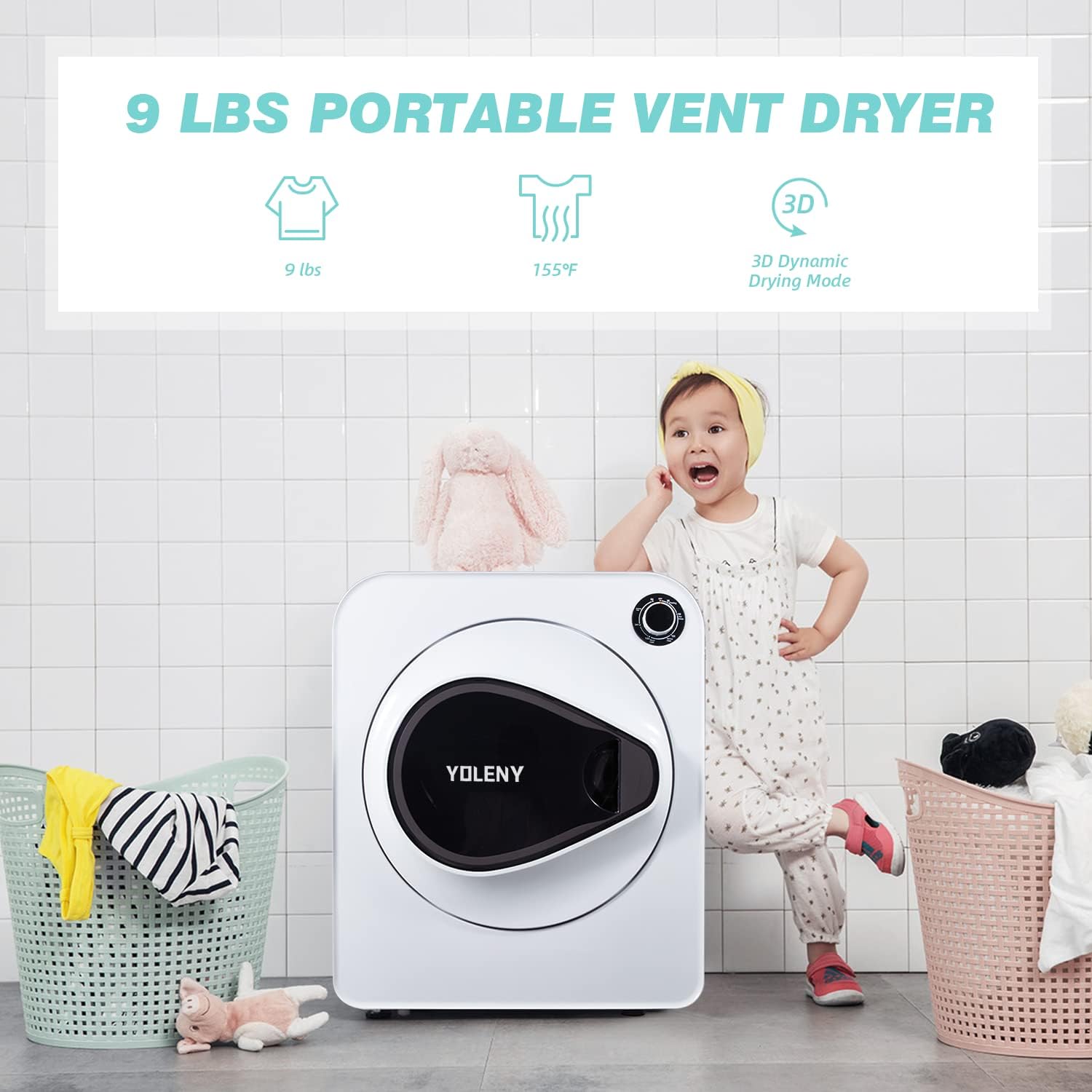 White Stainless Steel Portable Laundry Dryer, 1.6 cu.ft, 9 lbs Load Y248025