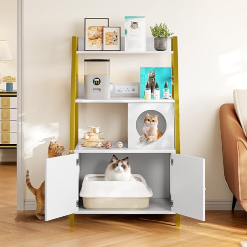 Gold White Wooden Cat Litter Box Enclosure with Shelves O472