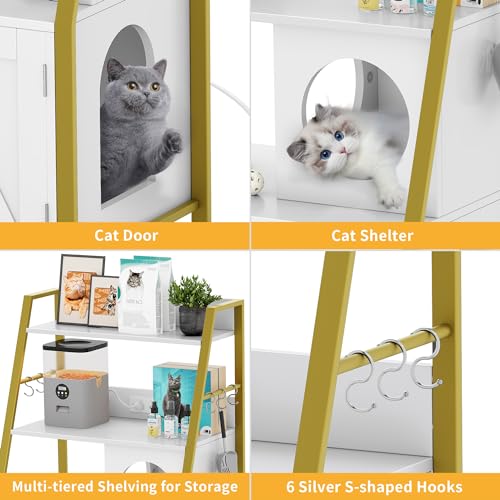 Gold White Wooden Cat Litter Box Enclosure with Shelves O472