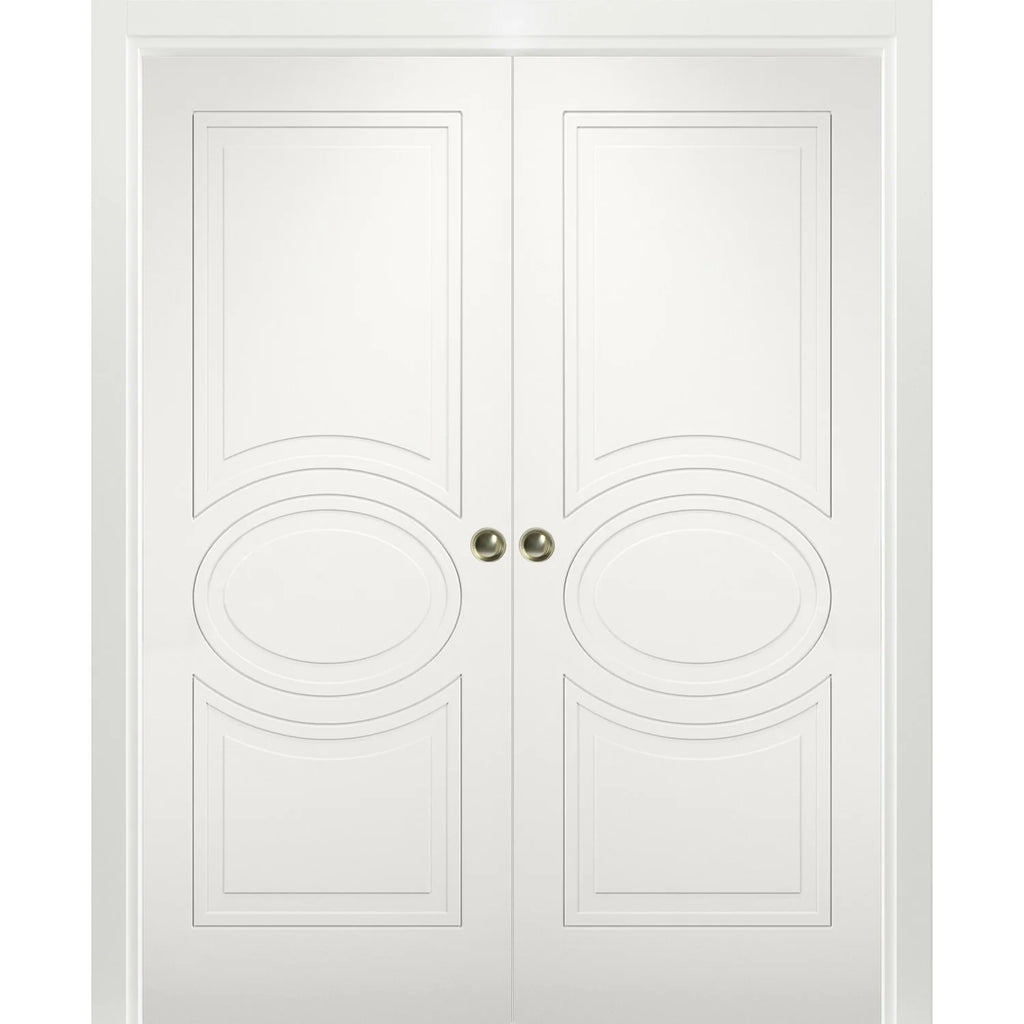 Matte White MDF Sliding French Double Pocket Doors with Kit Rail Hardware S812