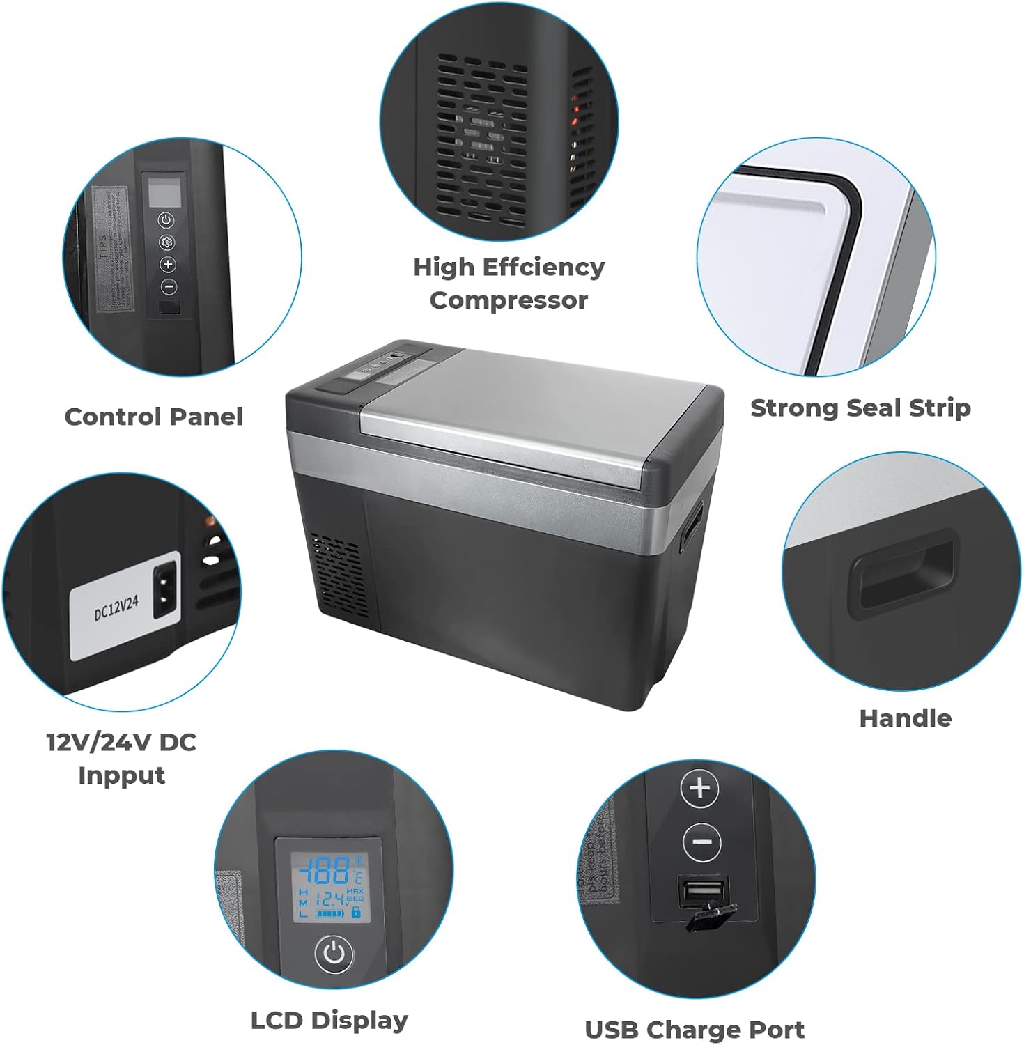 Portable Refrigerator, 12 Volt Car Freezer, Electric Compressor Cooler, 12V/24V DC and 110-240V AC Car Fridge D798