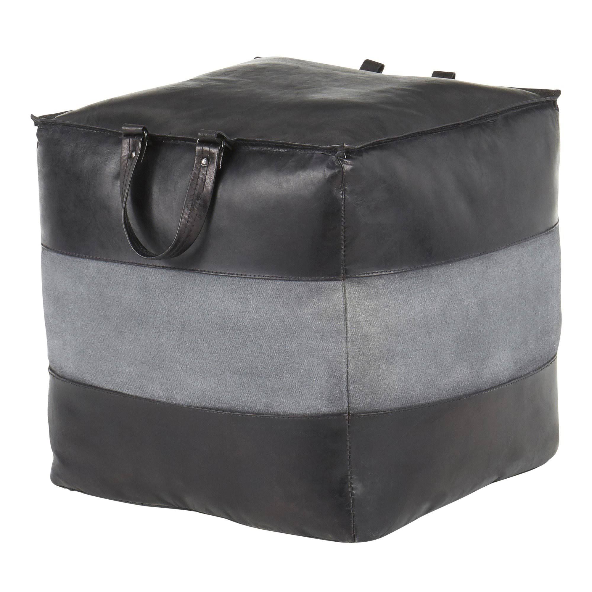 Espresso Leather Tan Canvas Pouf C56266