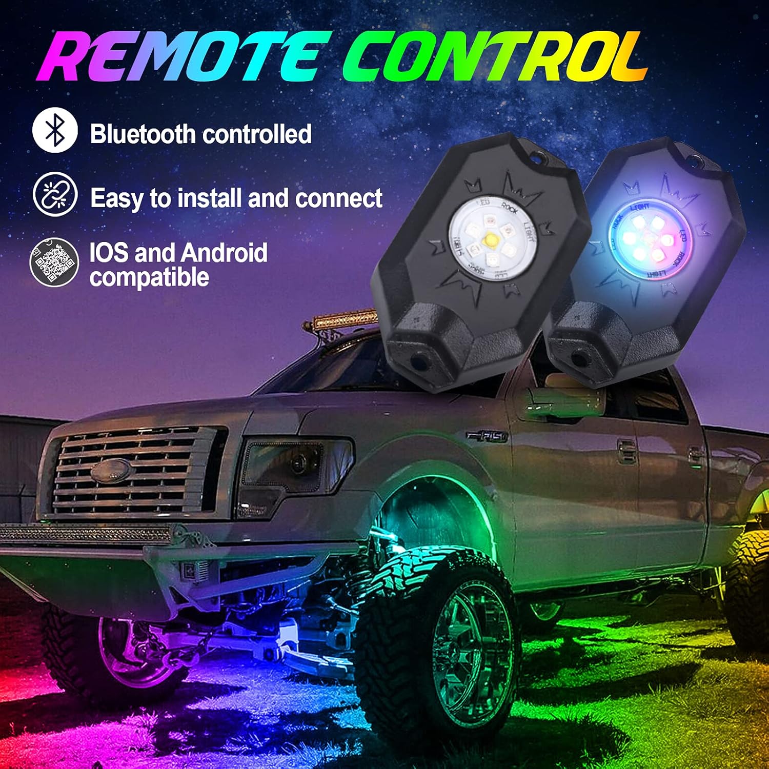 RGBW LED Rock Lights Kit, Multicolor Waterproof Neon Lights, 4 Pods Pack of 2 T719