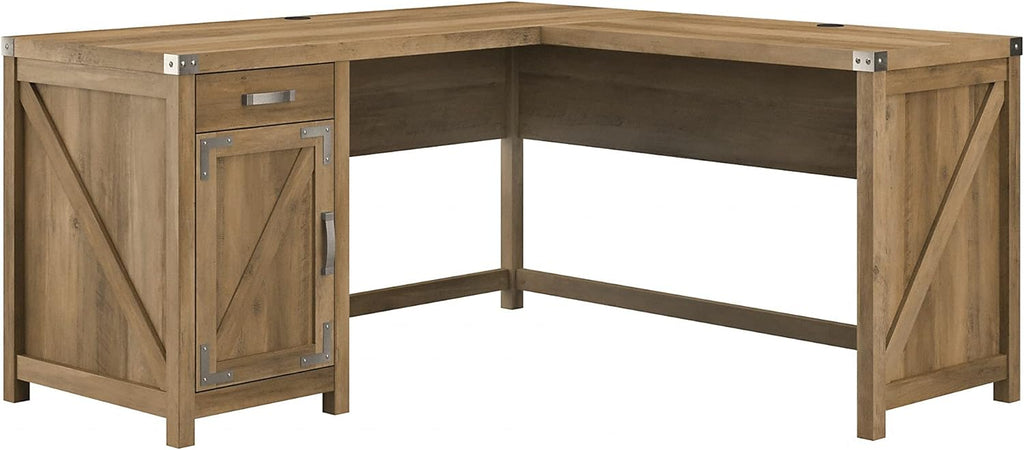 60W Cottage White L Shaped Desk with Drawer and Storage Cabinet C69998