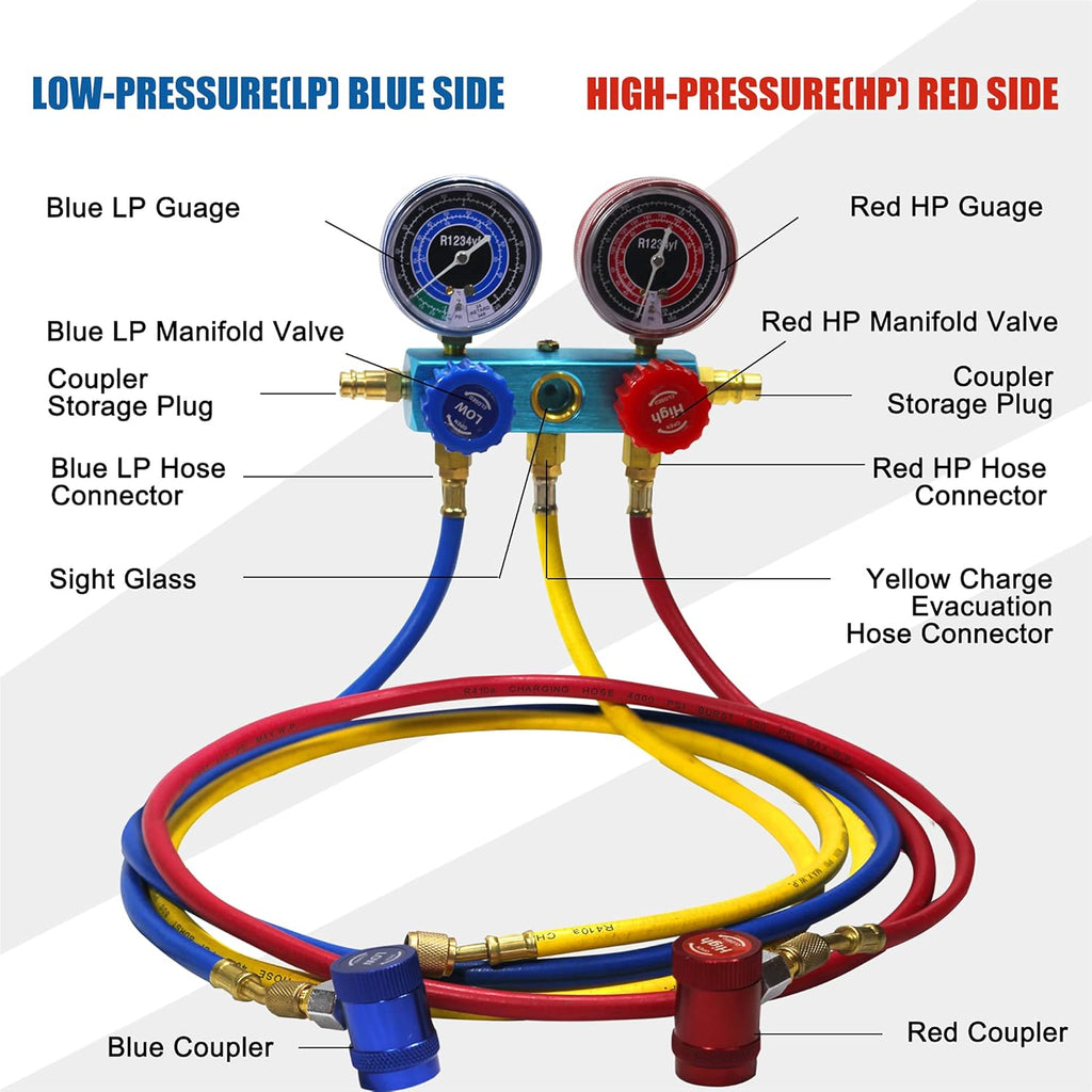 3 Way AC Manifold Gauge Set with 5FT Hose, 2 Adjustable Coupler, Valve Core Remover Spanner Pack of 2 M26461