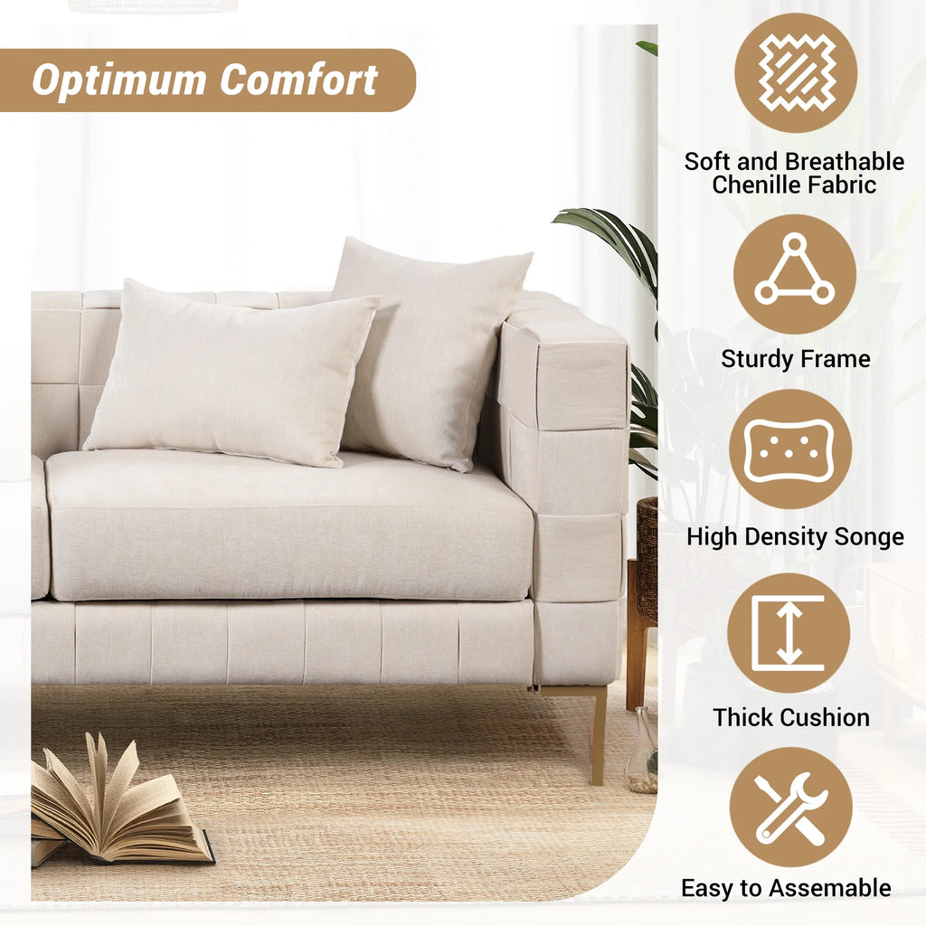 Beige Upholstered Sofa with 4 Pillows and Golden Metal Legs I350618