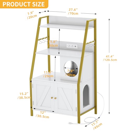 Gold White Wooden Cat Litter Box Enclosure with Shelves O472
