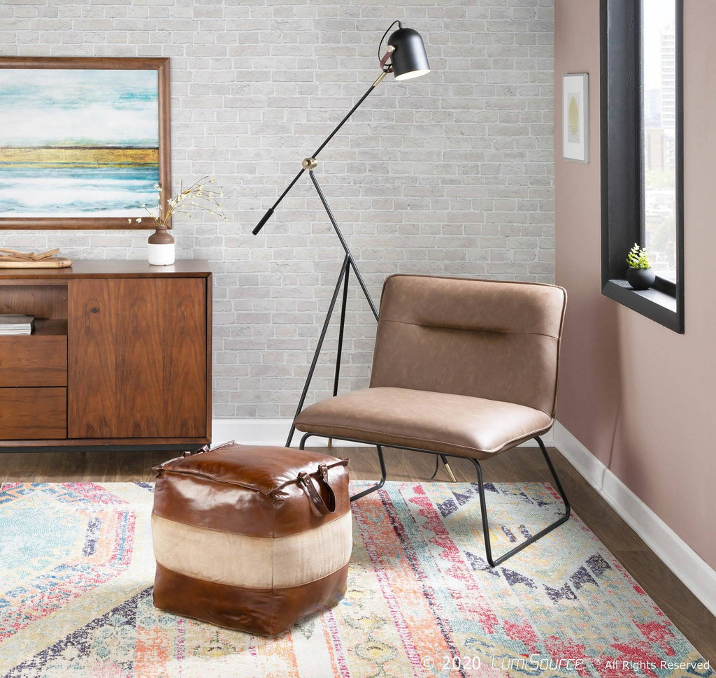 Espresso Leather Tan Canvas Pouf C56266