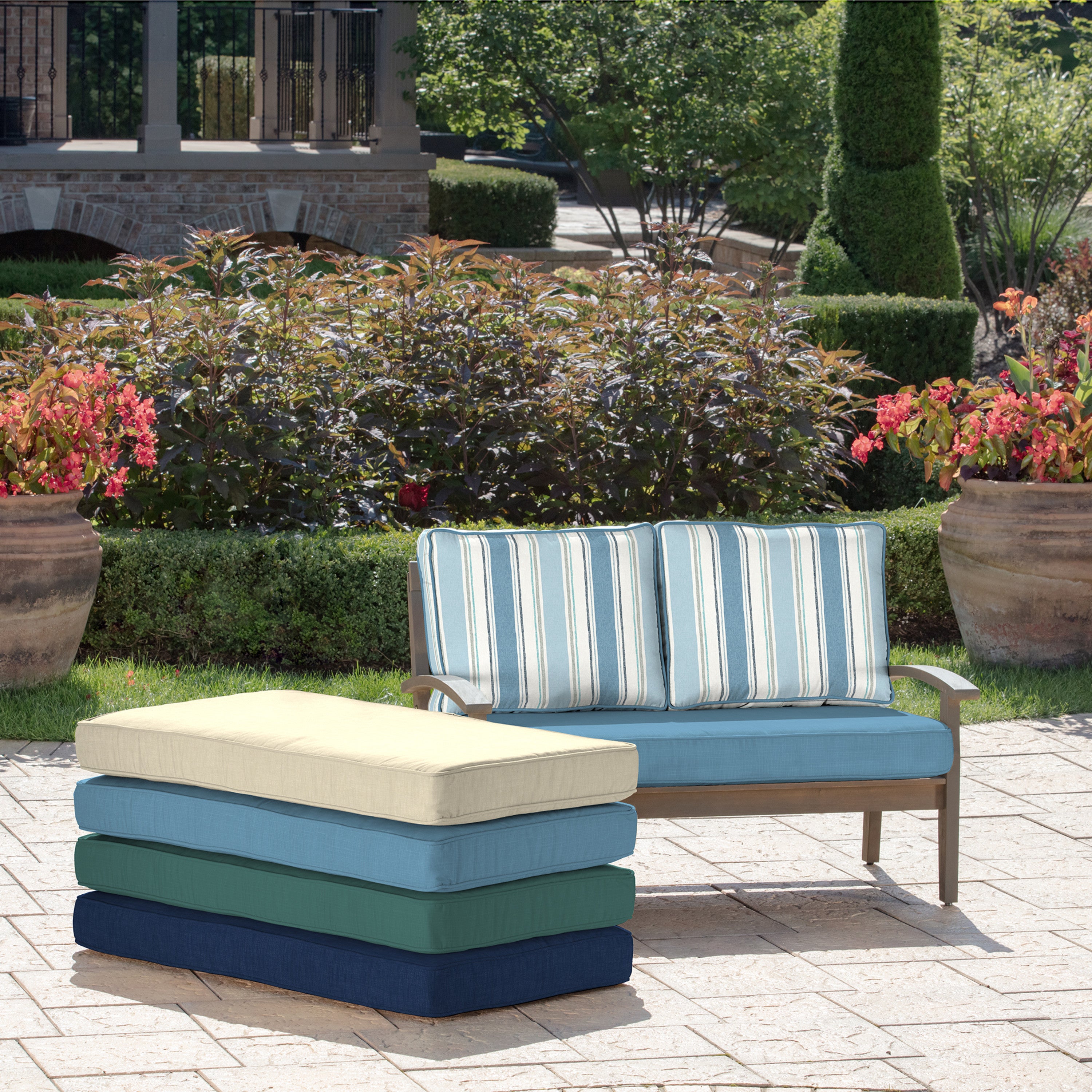 French Blue Linen Stripe Outdoor Loveseat Cushion Set J2197