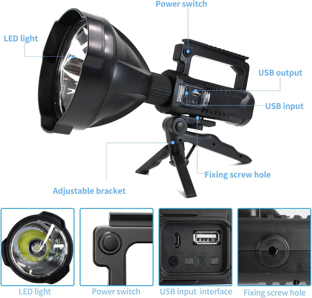 Rechargeable LED Spotlight Flashlights 90000 Lumens XHP90.2 Super Bright Searchlight with 4 Modes IPX5 Waterproof Large Flashlight with Tripod J932