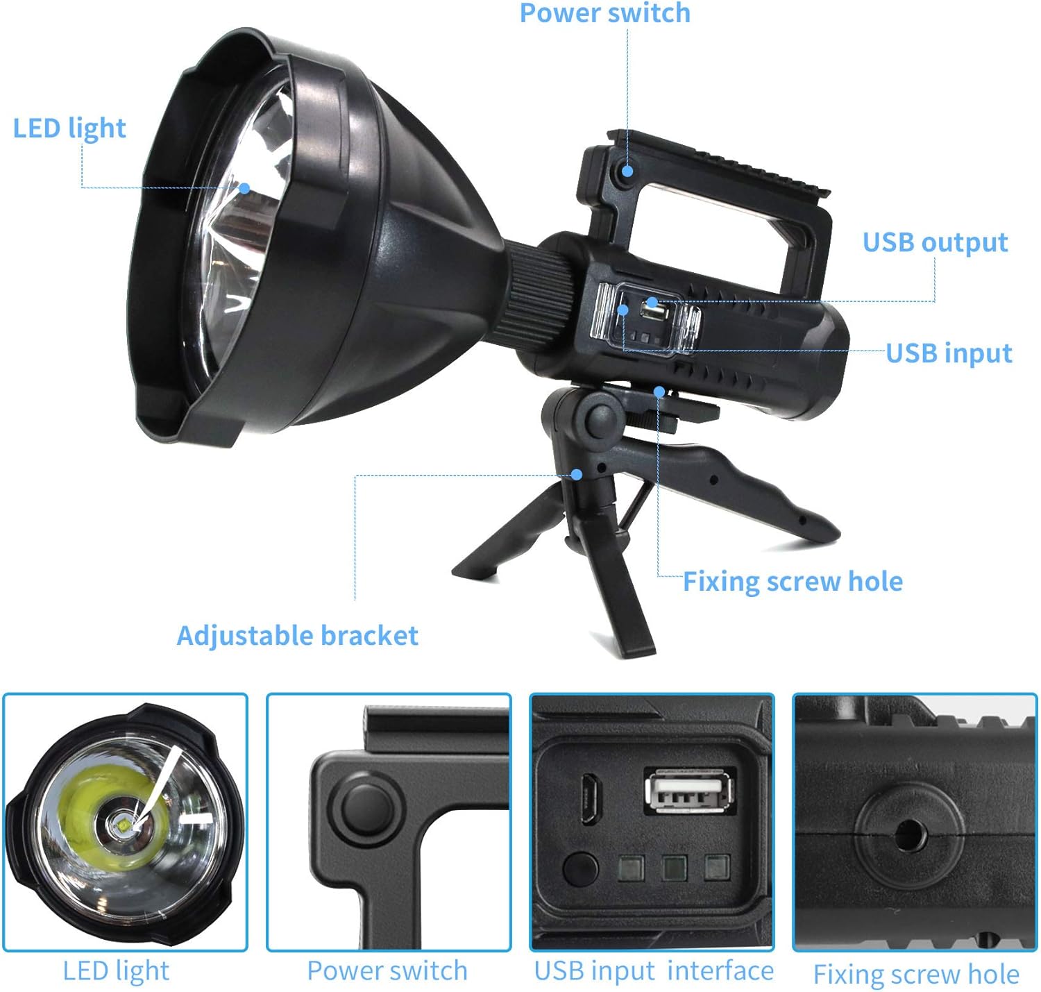 Rechargeable LED Spotlight Flashlights 90000 Lumens XHP90.2 Super Bright Searchlight with 4 Modes IPX5 Waterproof Large Flashlight with Tripod J932