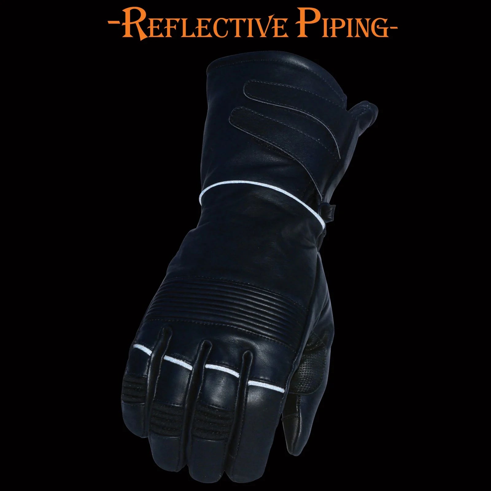 Black Cowhide Leather Gauntlet Motorcycle Gloves E45408