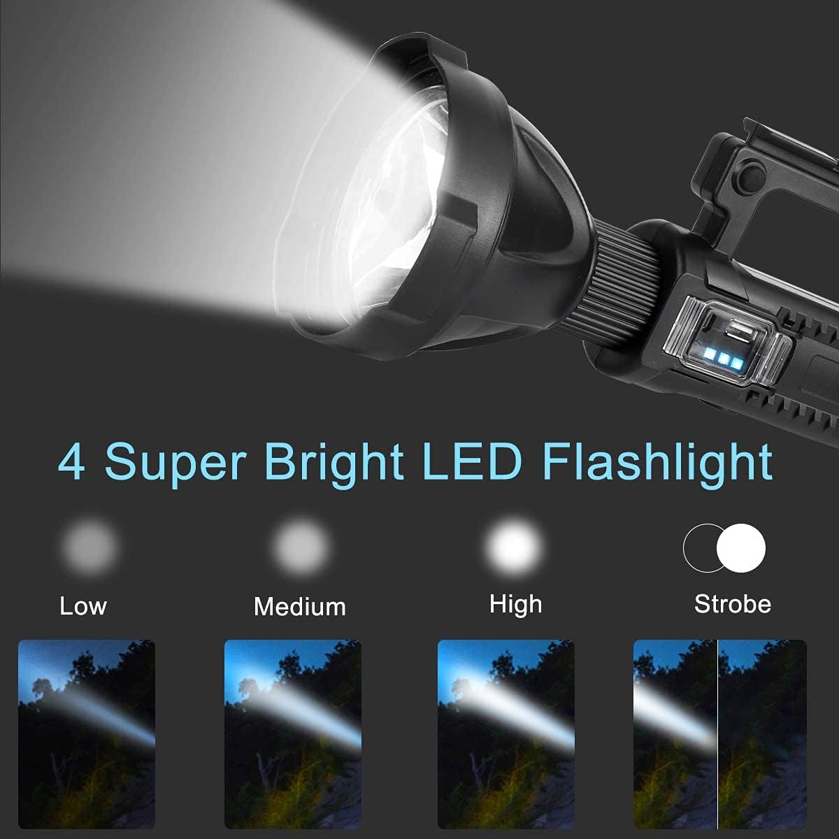 Rechargeable LED Spotlight Flashlights 90000 Lumens XHP90.2 Super Bright Searchlight with 4 Modes IPX5 Waterproof Large Flashlight with Tripod J932