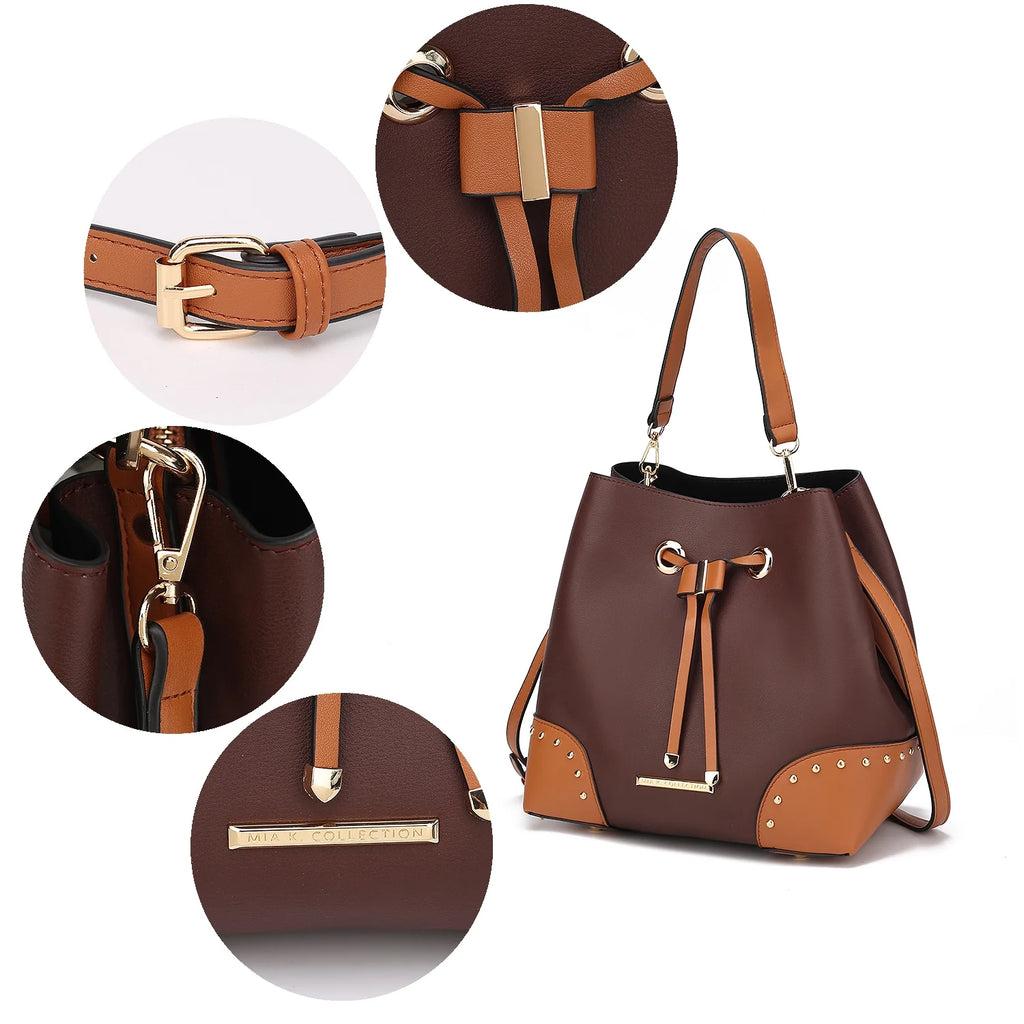 Coffee Cognac Vegan Leather Bucket Bag and Wristlet Wallet 2-Piece Set S6448