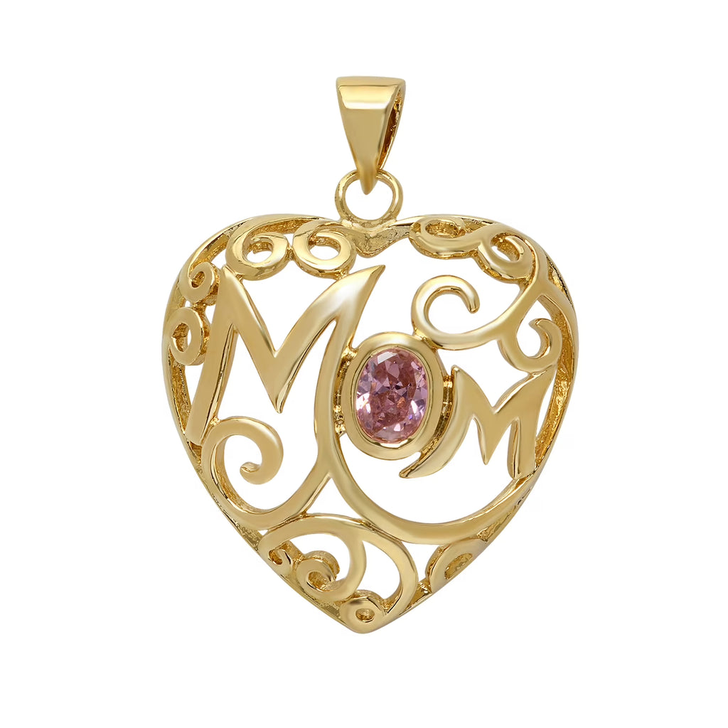 Gold Plated Open Scrolled Heart Pendant with Pink Oval CZ B211