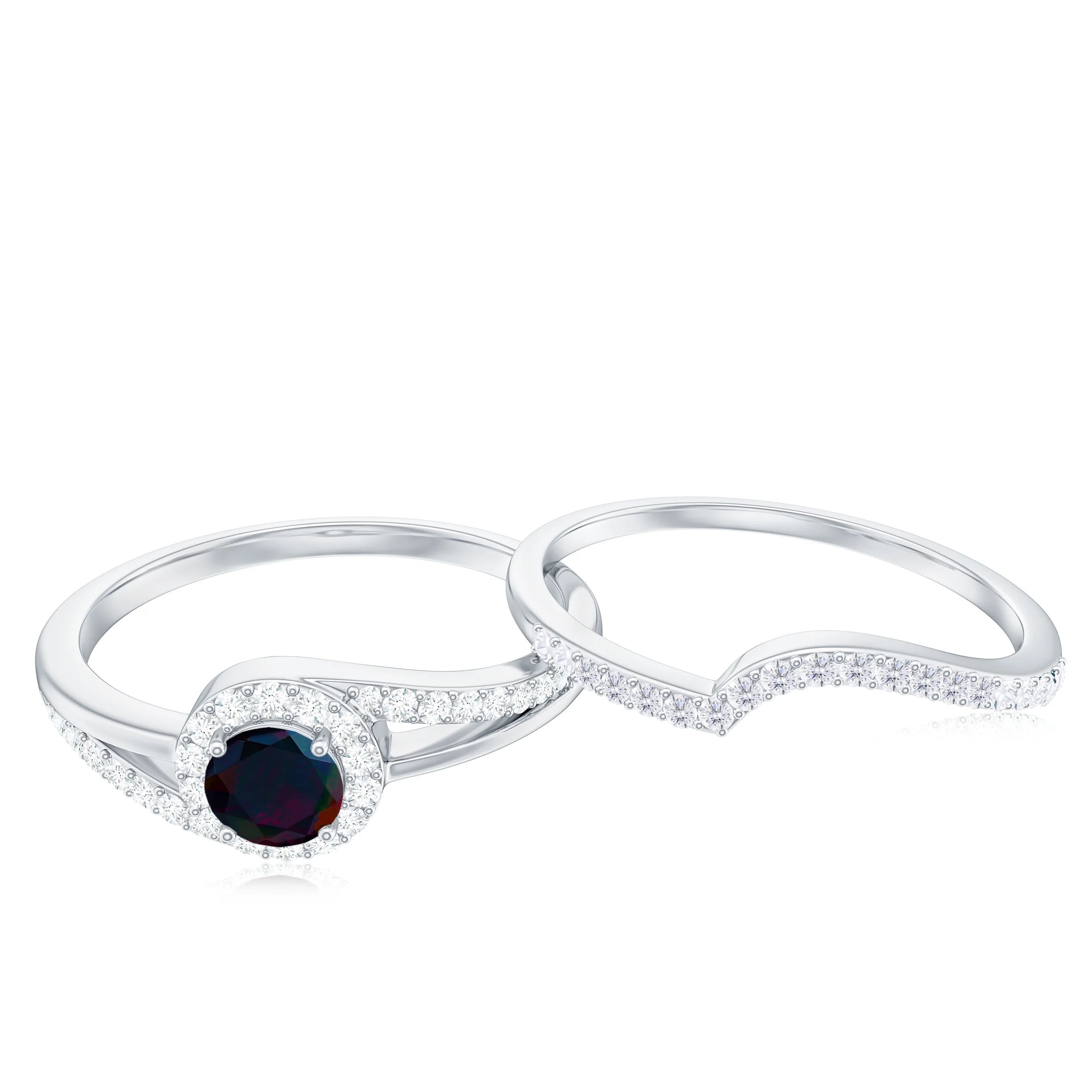 Natural Black Opal Ring Set with Diamond, 925 Sterling Silver, US 4.00 J8507