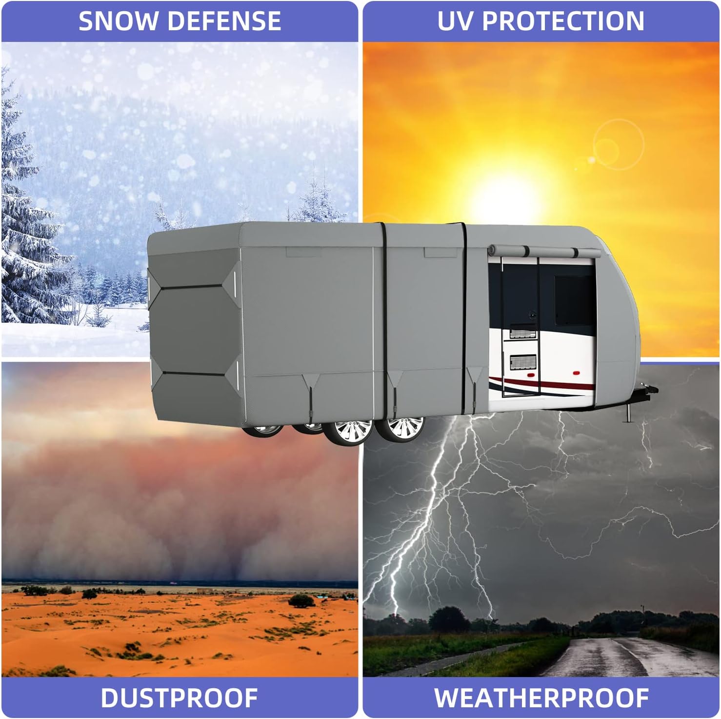 RV Cover with Tongue Jack Cover, Extra Windproof Ropes, Gutter Covers D15440