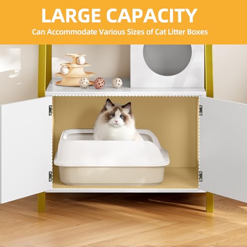 Gold White Wooden Cat Litter Box Enclosure with Shelves O472