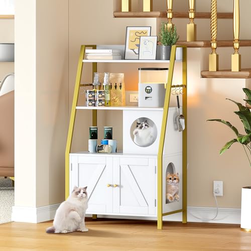 Gold White Wooden Cat Litter Box Enclosure with Shelves O472