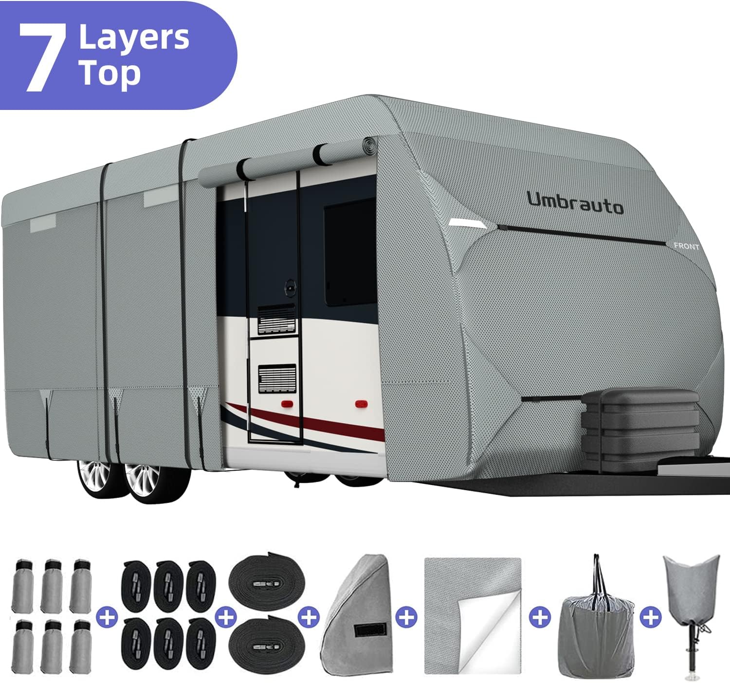 RV Cover with Tongue Jack Cover, Extra Windproof Ropes, Gutter Covers D15440
