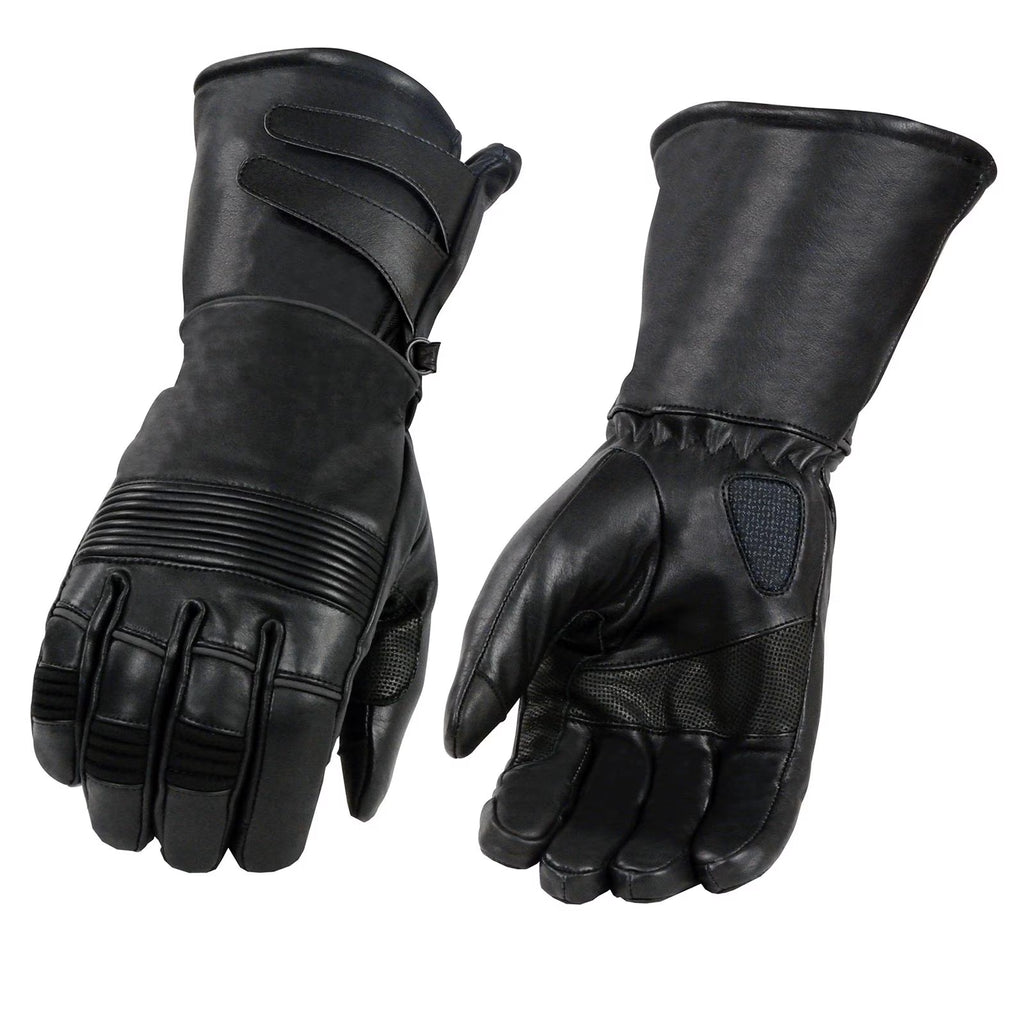 Black Cowhide Leather Gauntlet Motorcycle Gloves E45408