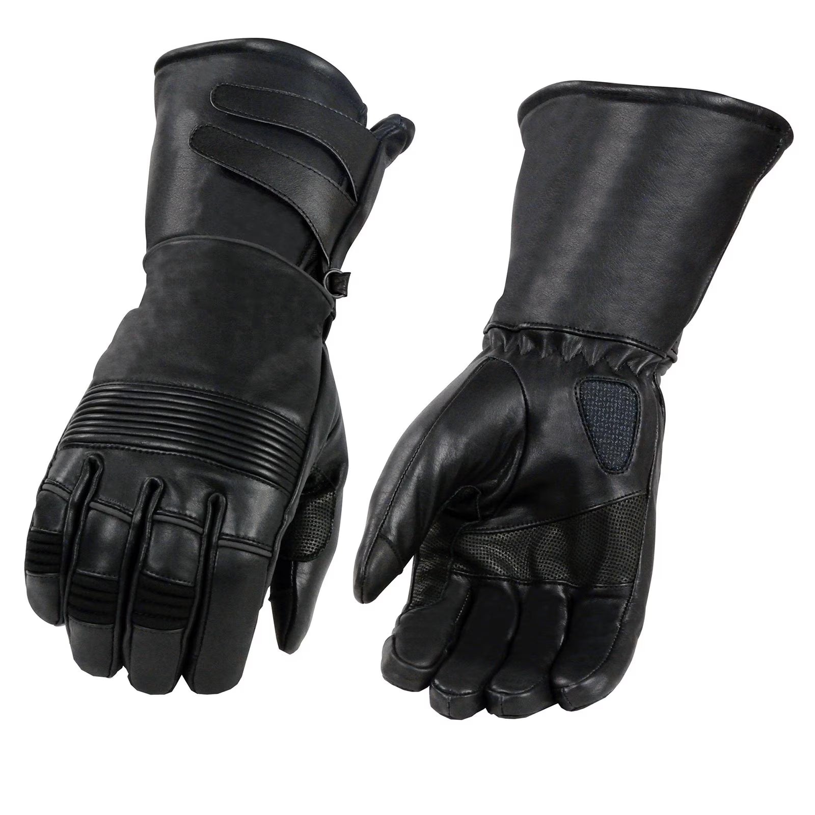 Black Cowhide Leather Gauntlet Motorcycle Gloves E45408
