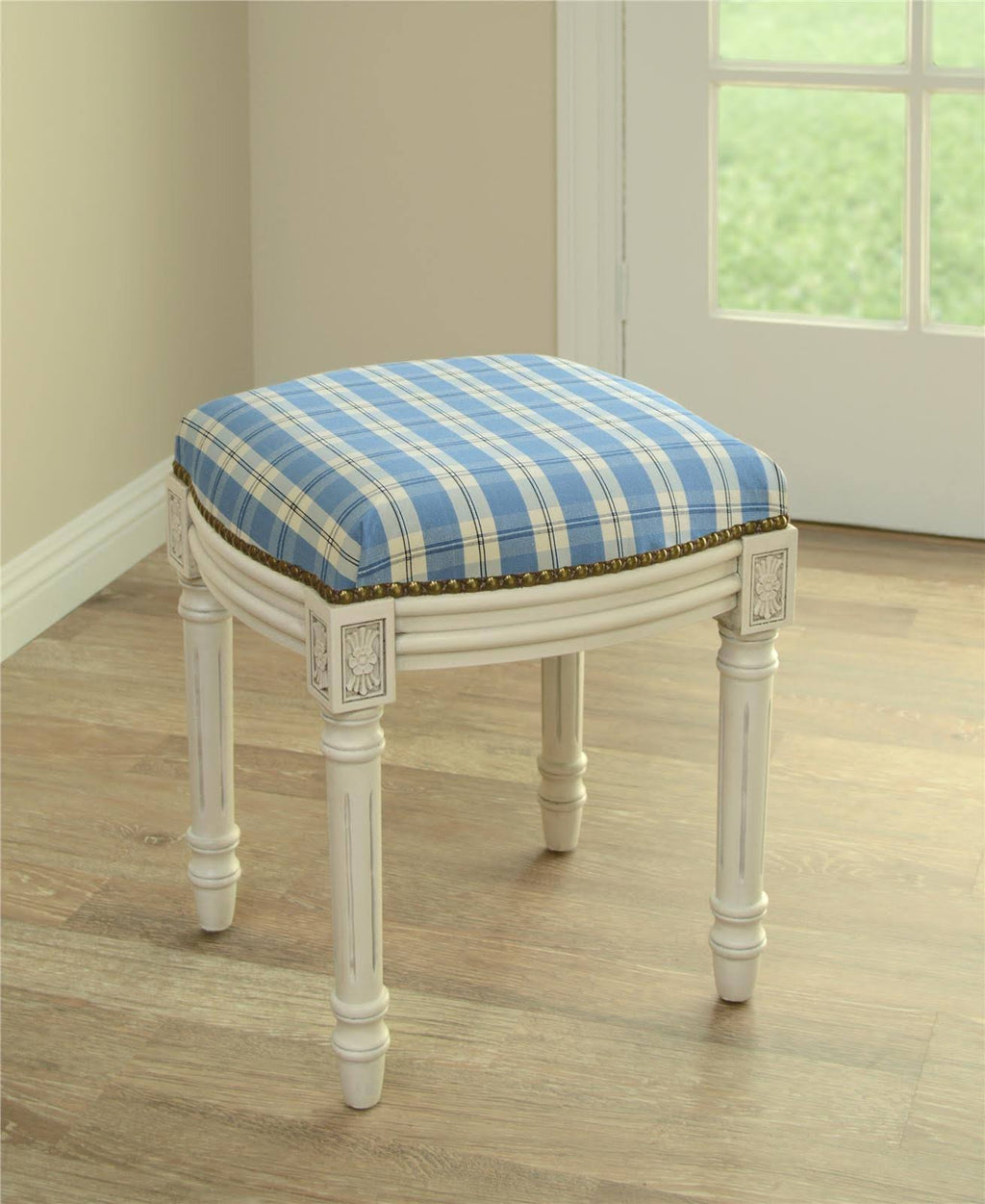 Blue Plaid Upholstered Vanity Stool Y359