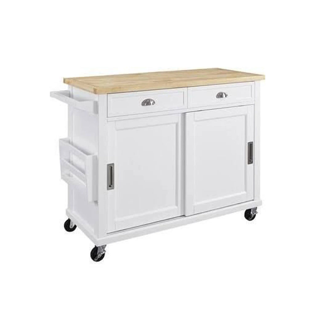 White and Brown Wooden Kitchen Cart with Caster Wheels and 2 Drawers V8848