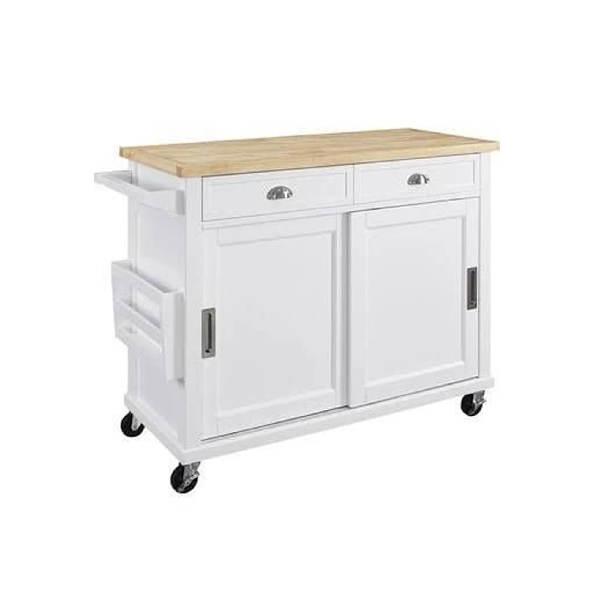 White and Brown Wooden Kitchen Cart with Caster Wheels and 2 Drawers V8848