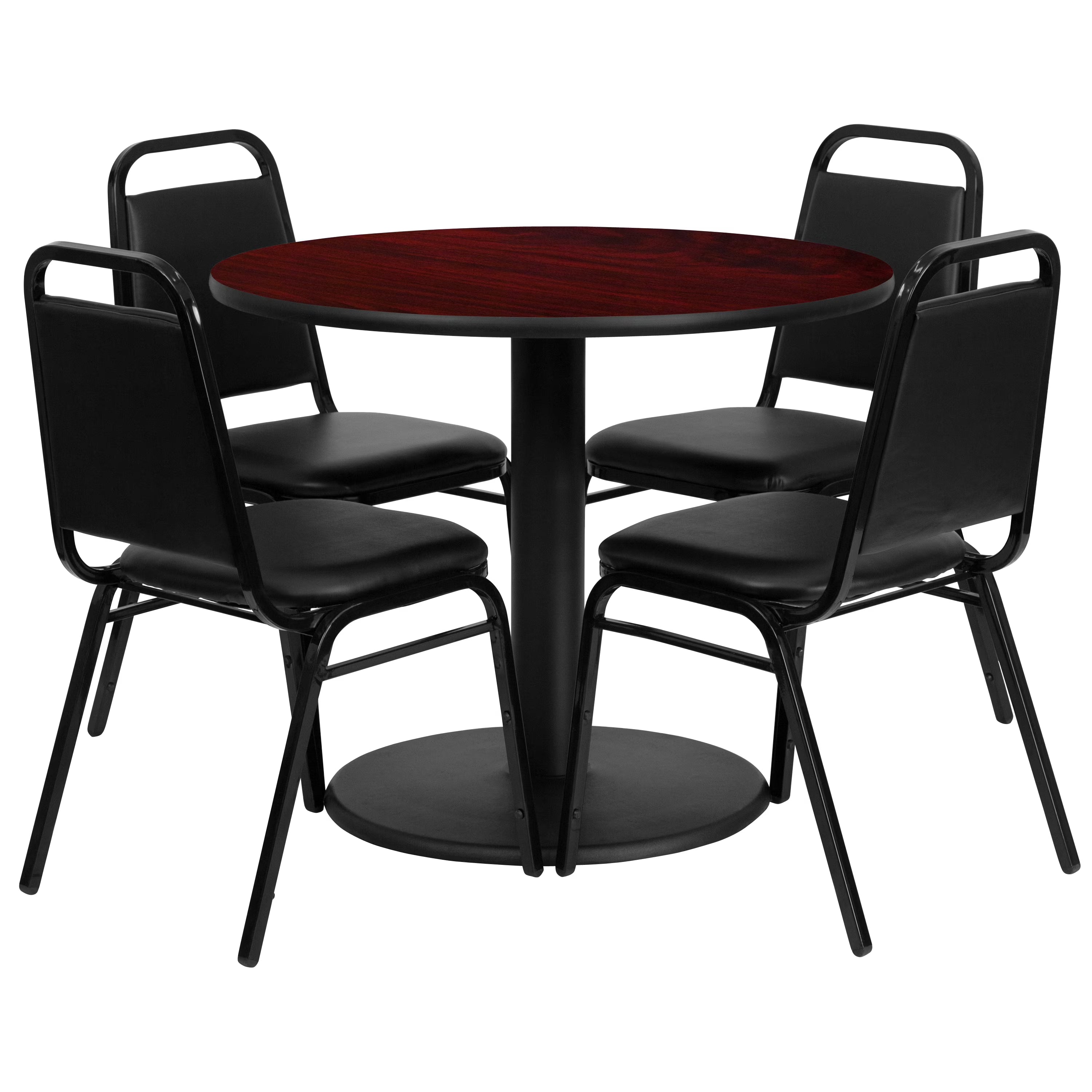 36'' Round Mahogany Laminate Table Set with 4 Black Banquet Chairs T4881