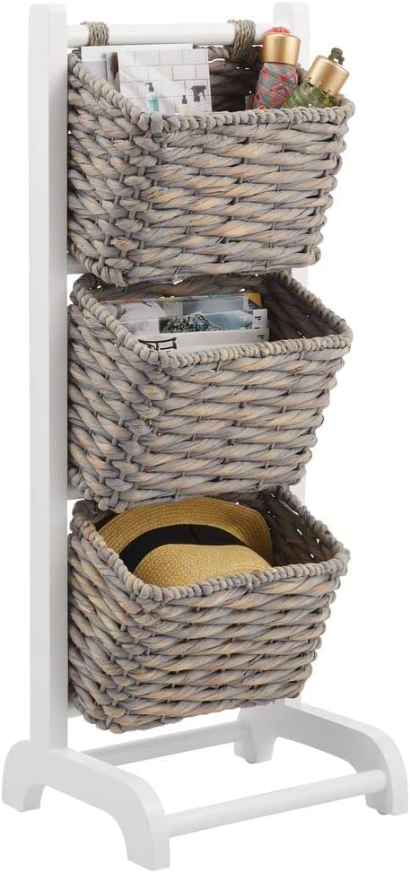 White/Gray Wash 3 Tier Wood Storage Basket Stand U6077