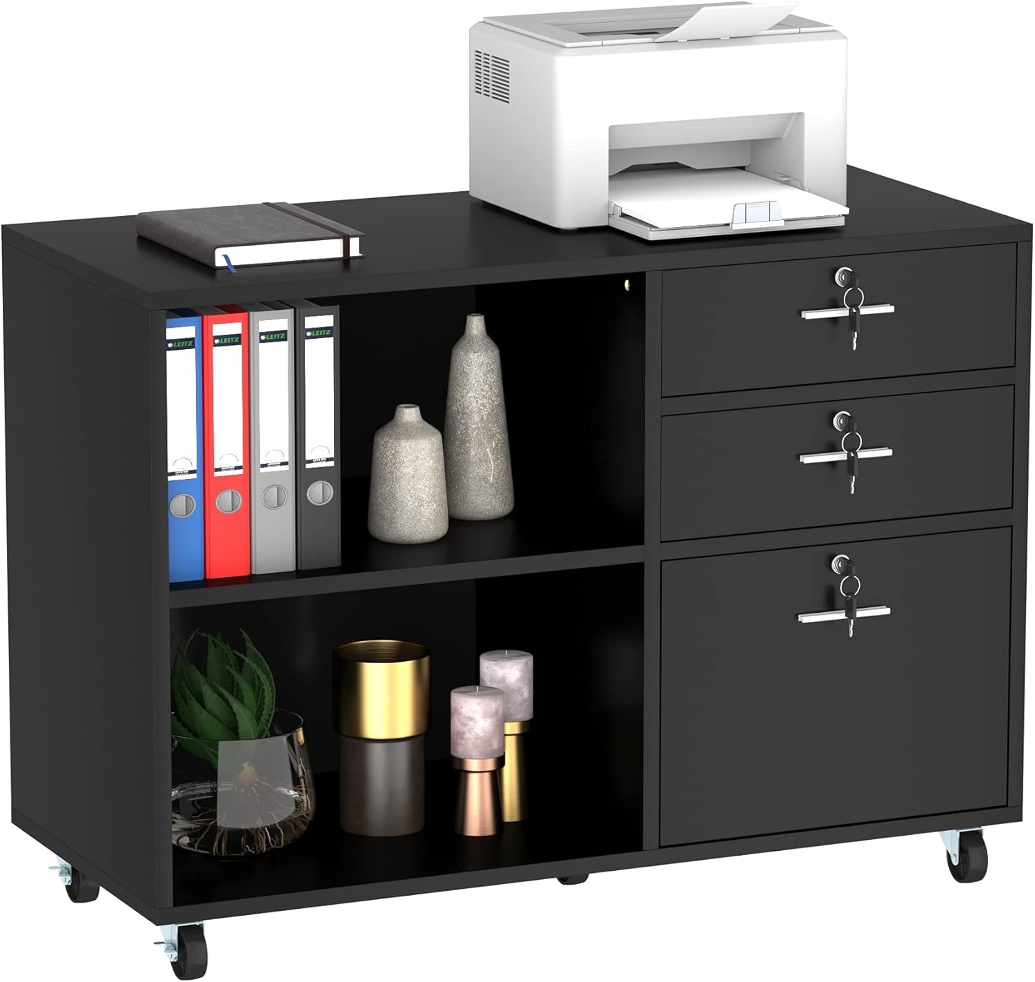 White 3 Drawer Wood File Cabinet with 2 Open Shelves R497