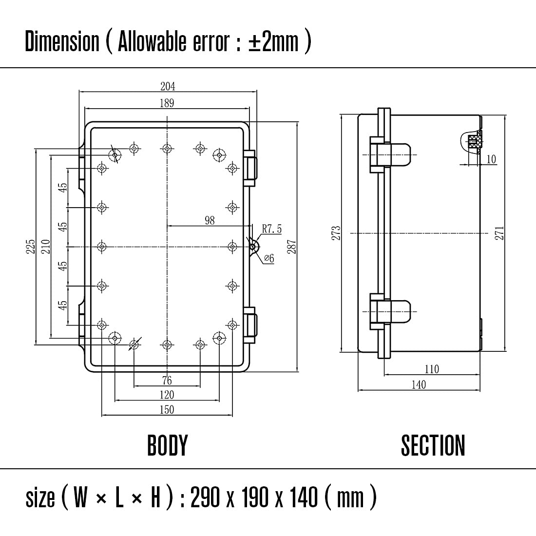 ABS Junction Box with Mounting Plate and Wall Bracket 11.4x7.5x5.5 inch T77576