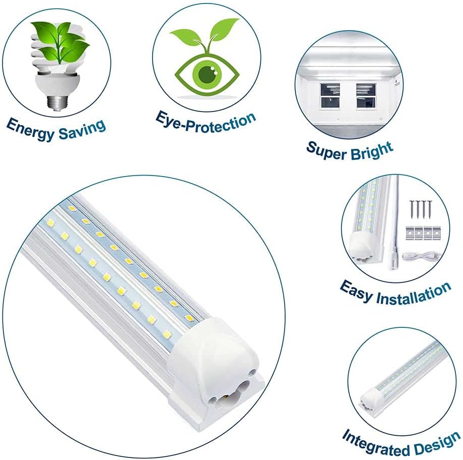 8ft 72W 7200LM 6500k Clear Cover Cool White Dual Row V Shape Linkable T8 Integrated LED Shop Light R14555