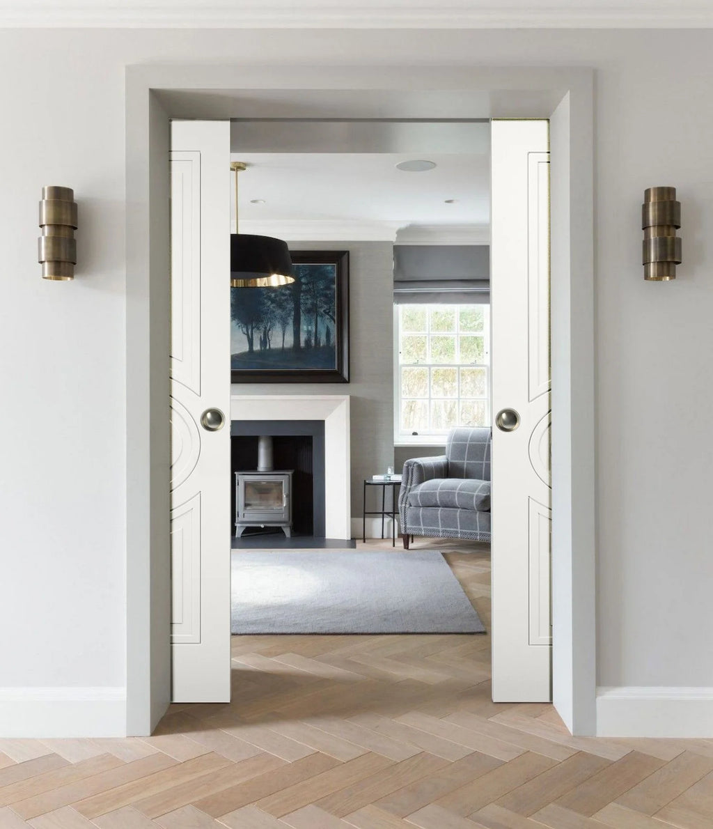 Matte White MDF Sliding French Double Pocket Doors with Kit Rail Hardware S812