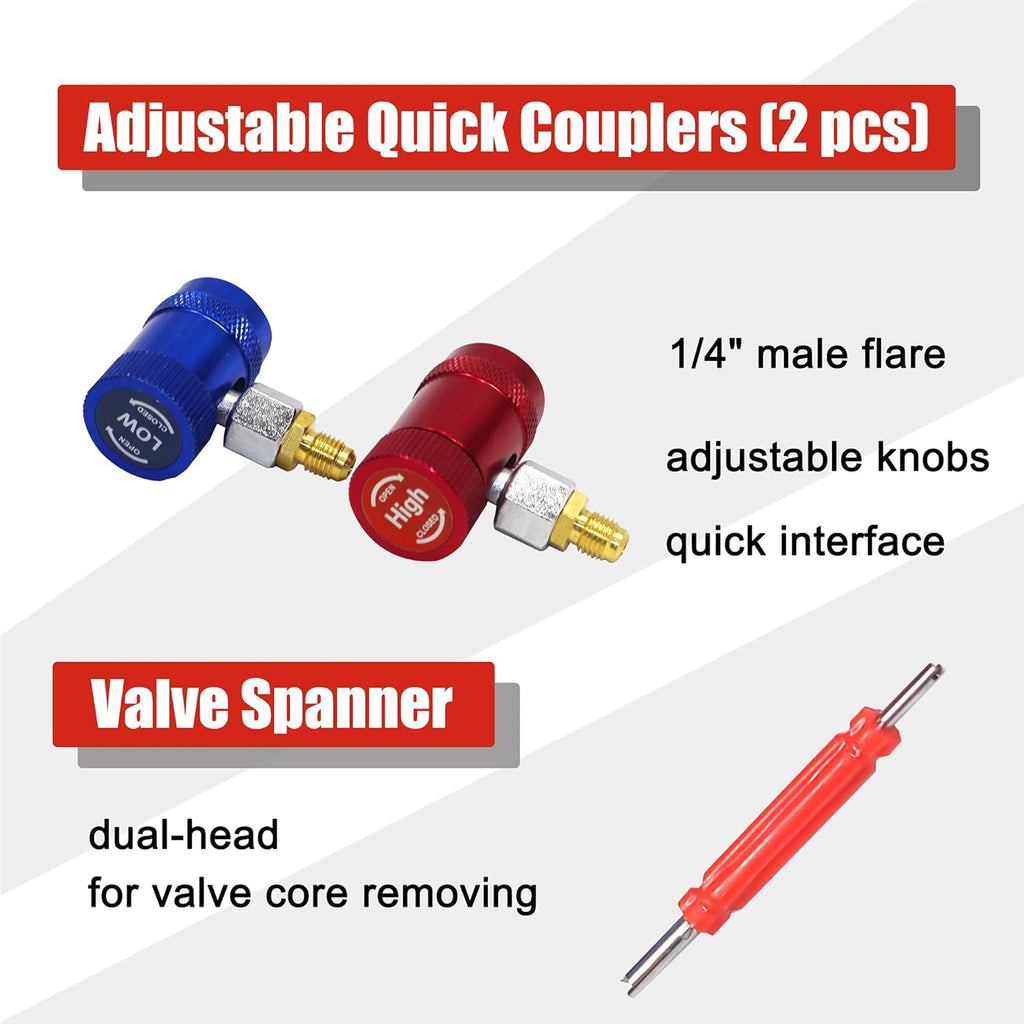 3 Way AC Manifold Gauge Set with 5FT Hose, 2 Adjustable Coupler, Valve Core Remover Spanner Pack of 2 M26461