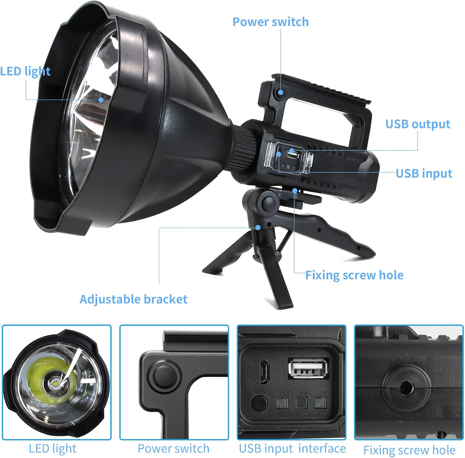 Rechargeable LED Spotlight Flashlights 90000 Lumens XHP90.2 Super Bright Searchlight with 4 Modes IPX5 Waterproof Large Flashlight with Tripod J932