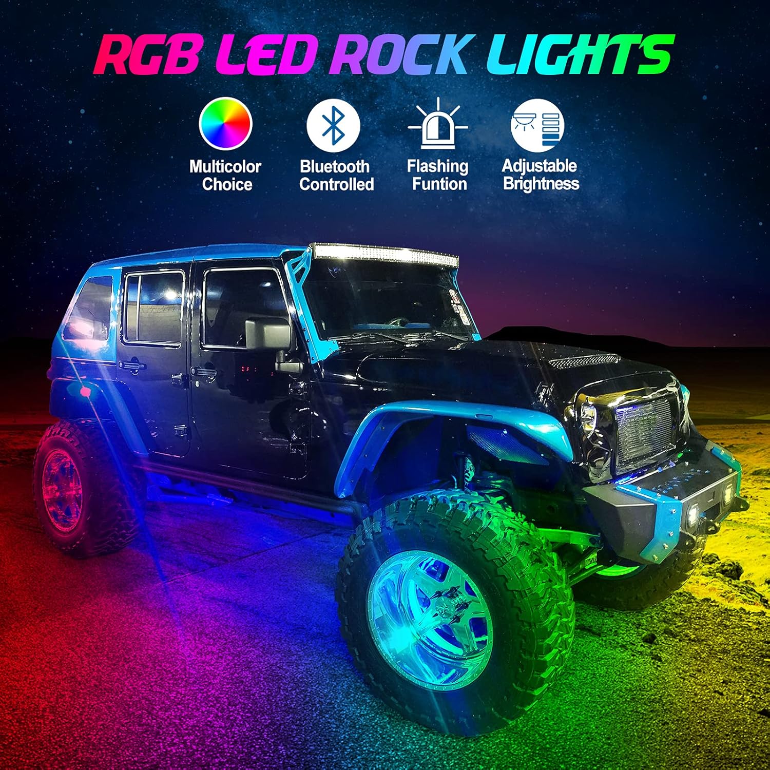 RGBW LED Rock Lights Kit, Multicolor Waterproof Neon Lights, 4 Pods Pack of 2 T719