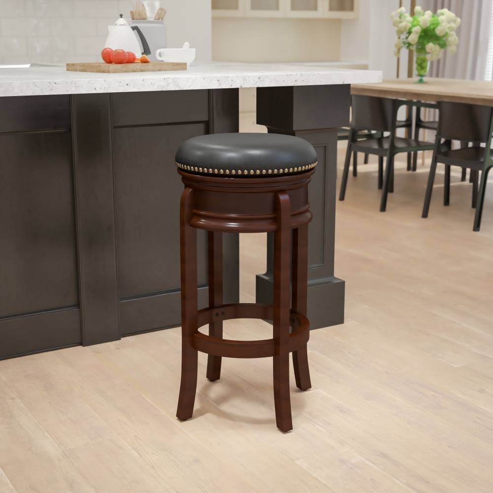 Light Cherry Wood Barstool with Black Leather Swivel Seat U6294
