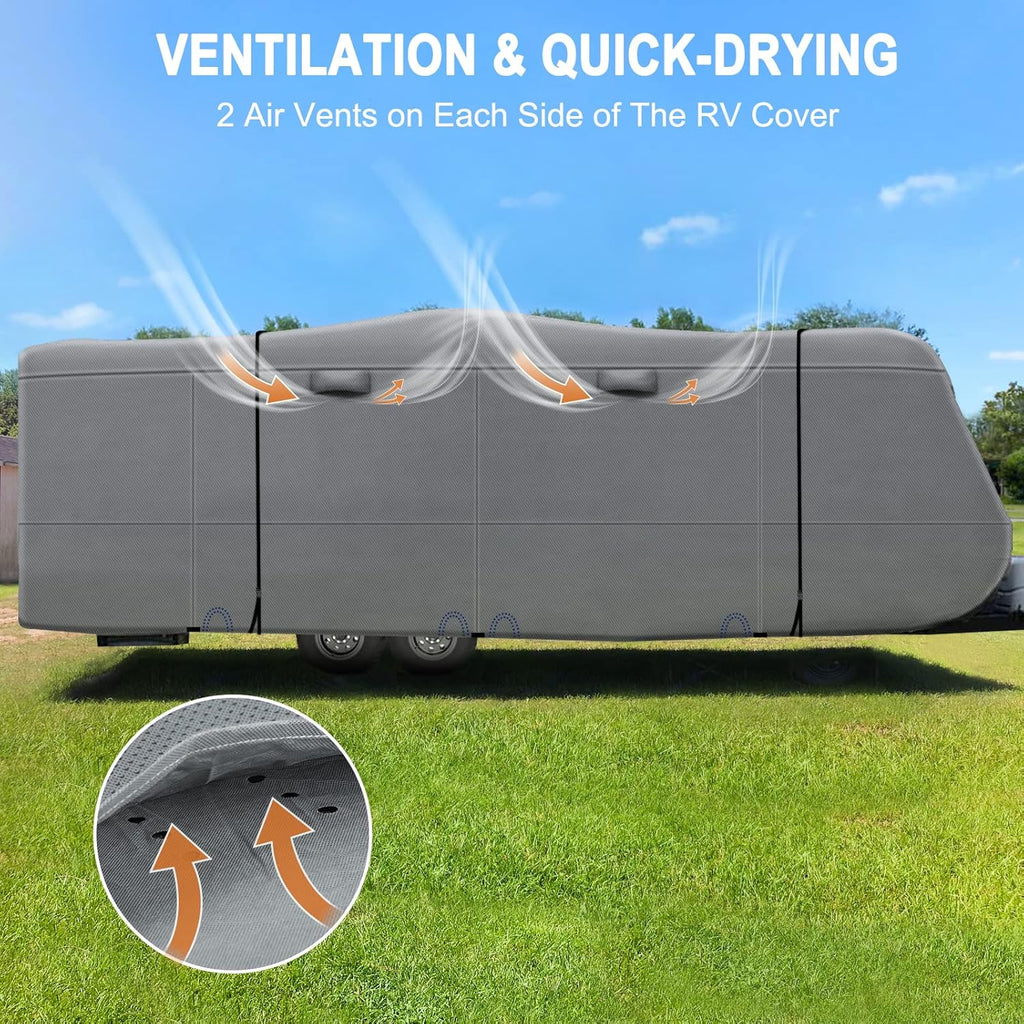 Heavy Duty 6 Layers Travel Trailer RV Cover Anti-UV Camper Cover for 24'1" - 26' Motorhome Breathable Rip-Stop with 2Pcs Extra Straps & Gutter Spout Covers J95514