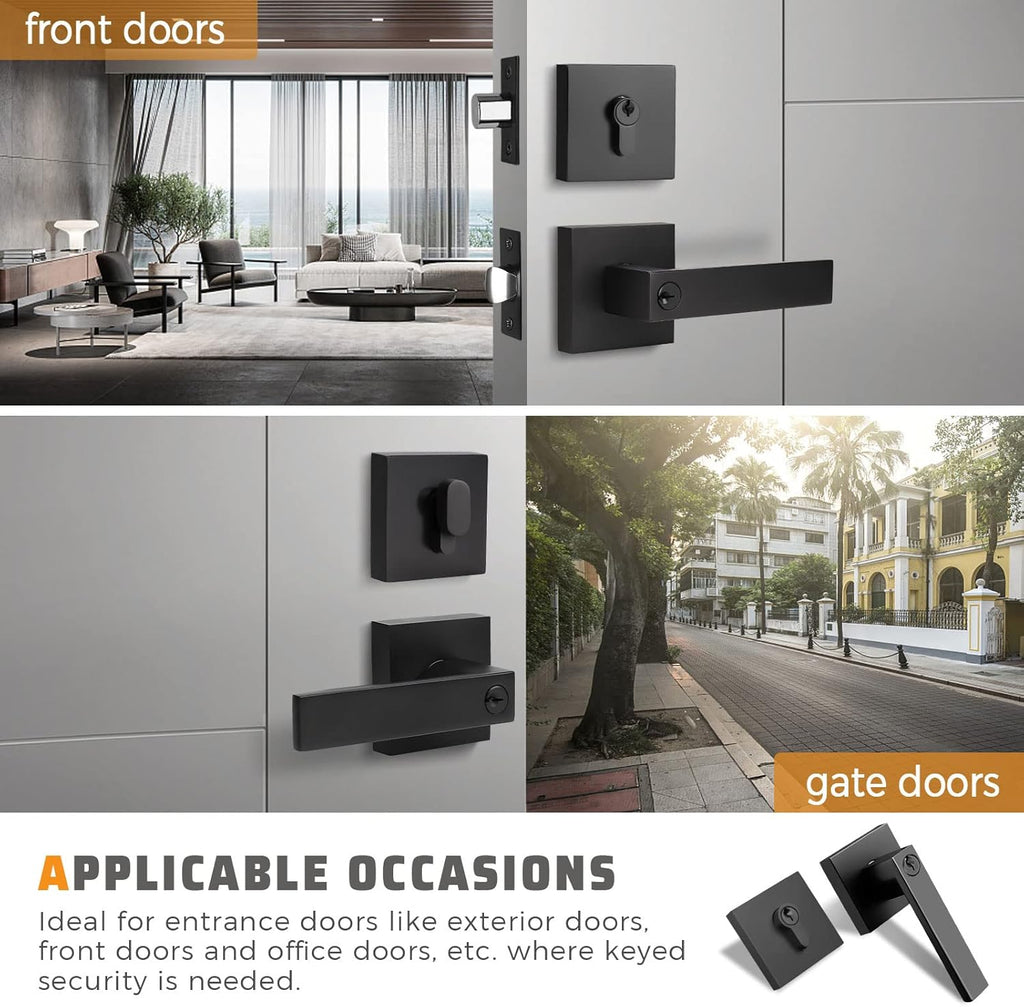 3 Pack Keyed Alike Heavy Duty Entrance Lever Door Handle with Single Keyed Square Deadbolt Set E50363