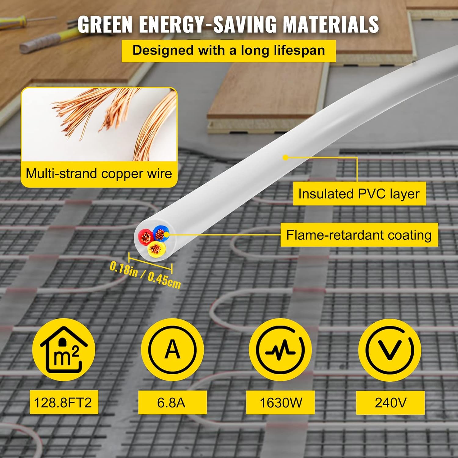 Floor Heating Cable 166.7 Square Feet with Temperature Control Panel C8001