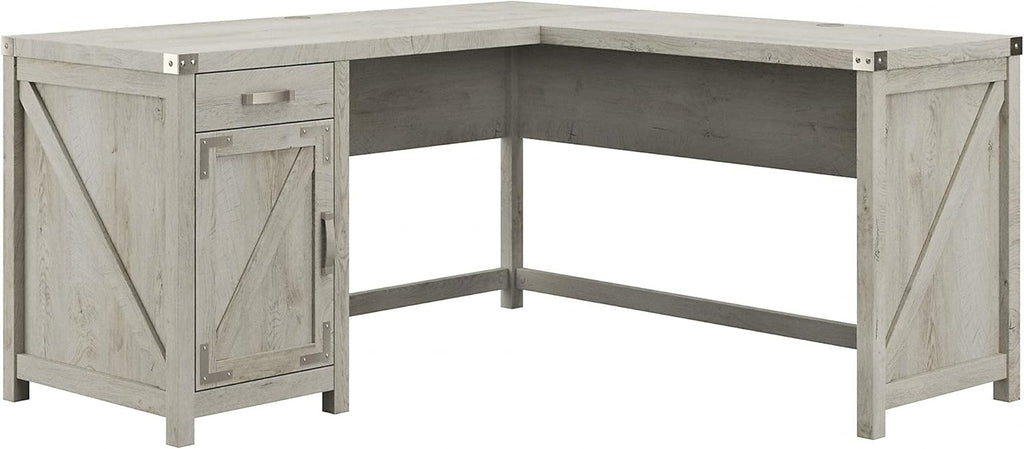 60W Cottage White L Shaped Desk with Drawer and Storage Cabinet C69998